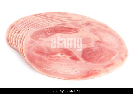 Flache runde Scheiben Schinken Wurst isoliert auf Weiss. Stockfoto