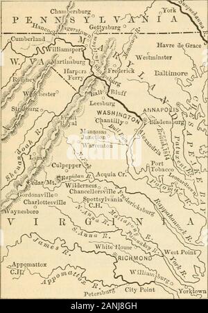 Elementare Geschichte der Vereinigten Staaten. in Yirginia und Richmond wasmade der Konföderierten Hauptstadt. 3. Für eine Zeit Washington war Ernst durchdie Eidgenossen bedroht. Aber Yolunteers, eilte zu itsdefense, und die Führung der föderalen Truppen wurde in vertrauenswürdigen der Veteran General Scott. Er bald Bewegung in aforward Yirginia. Eine Armee unter- McClellan mehrere Siege und trieb die 1861] SCHLACHT VON BULL RUN. 185 eine imKersTsurg ^S O P E^N 1!# S Y L Y^^ ii I von tlie westlichen Teil von tlie Zustand Eidgenossen. In der östlichen Yirginia, die föderalen Truppen unter Gener Stockfoto