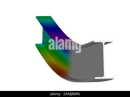 Ein einfaches, unterstütztes Biegen des I-Strahls. 3D-Ansicht der Netzverformung und Darstellung normaler Spannungen aus der Finite-Elemente-Analyse auf weißem Hintergrund Stockfoto