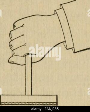 Übungen Erste Carhart und Rutsche Prinzipien der Physik zu begleiten. Er oben, wie in der Abbildung gezeigt inFig. 84 Und zu einem doppelten Kegelrad eingereicht an der Unterseite. Diese Stange wird durchdie Eröffnung eines 1-Loch Gummistopfen auf eine solche Distanz, dass Es willreach bis über die Mitte der Flasche, und das Loch wird dann gefüllt withmelted Schwefel an der Stange besser isolieren. Ein Blattgold, über eine inchlong, wird dann mit Schellack zu jedem der abgeschrägten Oberflächen befestigt. Thestopper, mit der Rute und Blätter, wird dann in den Flaschenhals gesteckt, dabei ist nicht die Alufolie auf der Seite zu brechen Stockfoto