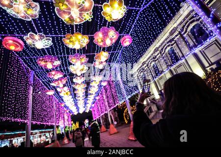 Dalian, die Laternen sind hier durch professionelle Teams aus Zigong gemacht. 23 Feb, 2020. Menschen nimmt Fotos während einer laternenfest in Dalian, Provinz Liaoning im Nordosten Chinas, Jan. 17, 2020. Die Laternen sind hier durch professionelle Teams aus Zigong, einer Stadt im Südwesten der chinesischen Provinz Sichuan, die berühmt für Laterne ist. Das Festival dauert bis Februar 23., 2020. Credit: Pan Yulong/Xinhua/Alamy leben Nachrichten Stockfoto