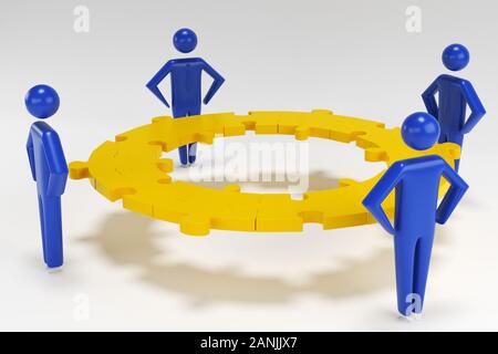 Vier menschliche 3D-Figuren sind Teile eines Puzzles in ihren Händen. Teamwork Konzept 3d-Menschen. 3D-Rendering Stockfoto