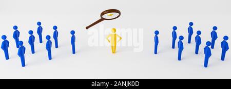 Auf der Suche nach bunten Spielfiguren mit Lupe auf der reflektierenden Schreibtisch. Auswahl und Suche nach einem Mitarbeiter oder Kunden. 3D-Rendering Stockfoto