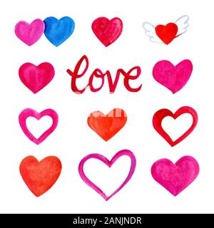 Aquarell Herz auf weißem isoliert. Valentinstag Hintergrund Stockfoto