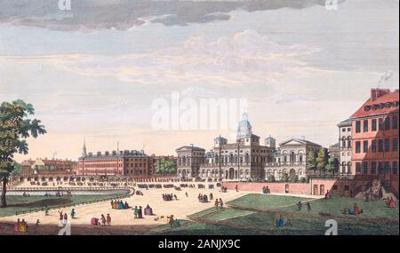 Einen Blick auf die Parade der St. James Park, das neue Gebäude für die Horse Guards, die Admiralität mit Seiner Majestät, dem House of Lords etc. Von einem Stich von Thomas Meier vom 1753 nach einer Arbeit von Canaletto. Später einfärben. Stockfoto