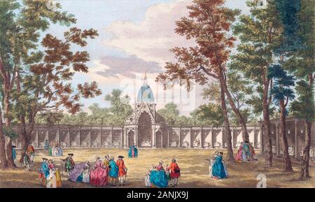 Ein Blick auf den Tempel des Comus & c. in Vauxhall Gardens. London, England. Nach einem Drucken datiert 1751 aus einer Arbeit von Caneletto. Von Robert Sayer veröffentlicht. Später einfärben. Stockfoto