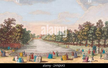 Blick auf den Kanal in der St. James's Park, Buckingham House, &c. von der Parade, London, England. Nach einem Drucken datiert 1753 aus einer Arbeit von Caneletto. Von Robert Sayer veröffentlicht. Später einfärben. Stockfoto