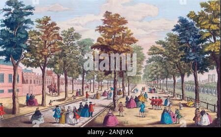 Ein Blick auf die St. James's Park in der Nähe der stabilen Hof, Verstehen von St. James's Palace, Westminster Abbey, Whitehall, etc. Nach einer Hand genommen - farbige Gravur veröffentlicht ca. 1750 Stockfoto