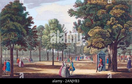 Ein Blick auf die Mall in der St. James's Park entfernt. Veue du Mall dans St. James's Park. Nach einem Hand-farbige Gravur datiert 1752. Stockfoto