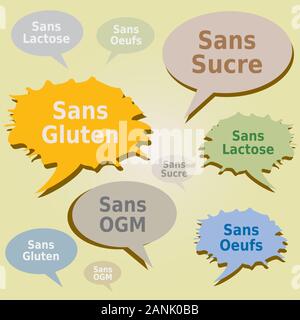 Dialogfelder und Tags zu Lebensmittelallergien. Etiketten ohne Gluten, Zucker, Laktose, Eier und GVO in französischer Sprache Stock Vektor