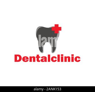 Zahnmedizinische Klinik vektor Logo - grau Zahn Symbol und das Rote Kreuz close-up isoliert Stock Vektor
