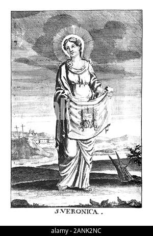 Antique vintage religiösen allegorische Gravur oder Zeichnung des Christlichen Heiligen Frau saint Veronica oder Berenika mit Bild von Jesus auf Tuch. Abbildung aus Buch sterben Betrubte und noch Ihrem beliebten..., Österreich, 1716. Artist ist unbekannt. Stockfoto