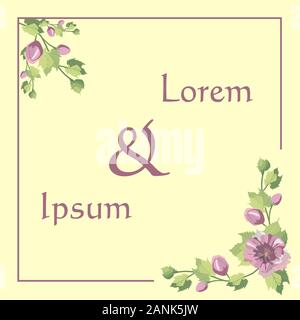 Design mit Kartenvorlagen für Hochzeitseinladungen, rosa und violette Blumen und Blätter mit violettem Rahmen auf pinkfarbenem Hintergrund, Vintage-Stil. Editierbarer Vektor. Stockfoto