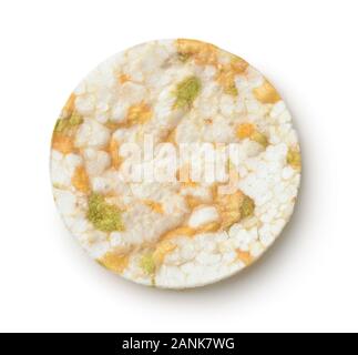 Blick von oben auf die organischen Reis chip mit Erbsen und Linsen isoliert auf weißem Stockfoto