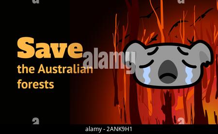 Banner mit einer brennenden Wald, Koala und der Aufschrift Speichern der Australischen Wälder. Cartoon Vector Illustration. Stock Vektor