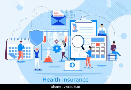 Gesundheitswesen Versicherung vektor Konzept, Menschen mit Arzt füllen Gesundheit online Qualitätssicherung Politik. Schild, Kalender, Patient Card angezeigt. Versicherung Stock Vektor