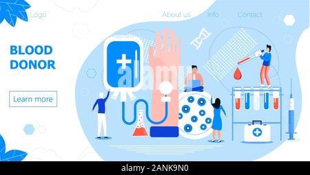 Blutspender winzige Menschen Charakter Konzept Vector Illustration. Fuenfhundert Meldungen, Welt Blut spenden Tag, Woche Konzept mit winzigen Ärzte, Blut Tropfen Stock Vektor