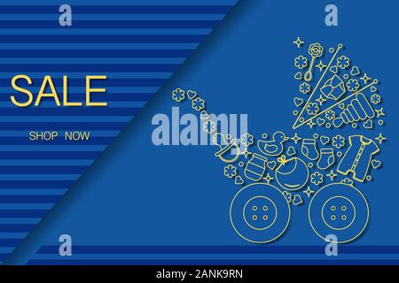 Vector Illustration Baby-Kinderwagen, Babyartikel. Verkaufsvorlage jetzt kaufen Hintergrund Großverkauf Angebot Preissenkung Werbung Einkauf Discoun Stock Vektor