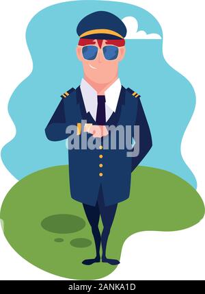 Flugzeug pilot stehend mit Hintergrund Landschaft Vector Illustration Design Stock Vektor