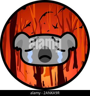 Weinenden koala Symbol auf einem brennenden Australischen Wald Hintergrund. Vektor Cartoon Illustration. Stock Vektor