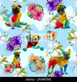 Pug Hunde mit farbenfrohen Blumenmustern. -Abbildung Stockfoto