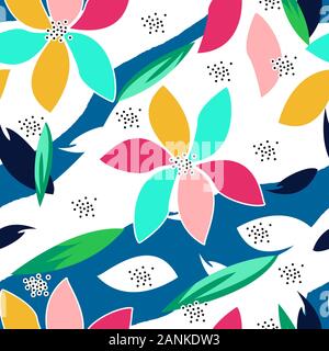Buntes Blumenmuster mit Blättern. Niedliche Blumen auf weißem Hintergrund. - Abbildung Stockfoto