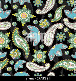 Buntes Paisley-Muster auf schwarzem Hintergrund. Blumenmuster für Stoff. - Abbildung Stockfoto
