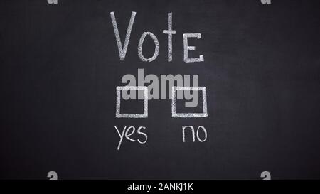 Nein und Ja antworten in Abstimmung über Blackboard, Wahl Konzept geschrieben, Entscheidung Stockfoto