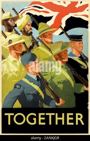 Zusammen Poster 1939 Truppen aus dem Britischen Empire und Commonwealth Poster zusammen marschieren unter dem Union Jack. Truppen gezeigt: 1 (nyassaland, jetzt Malawi)'s Battalion King afrikanischen Gewehre; Sikh Soldat aus Indien; Neuseeland Soldat, der britischen Royal Navy, der britischen Armee, der Royal Canadian Air Force und Australische Soldaten. Stockfoto