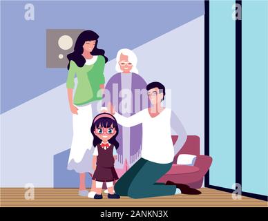 Große Familie zusammen im Wohnzimmer, drei Generationen Vector Illustration Design Stock Vektor