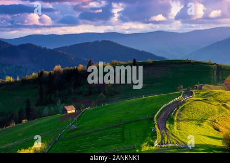 Bergige Landschaft im Abendlicht. hölzernen Zaun entlang dem Weg durch sanfte Hügel, frische grüne Gras. schöne Landschaft im Frühling. Stockfoto