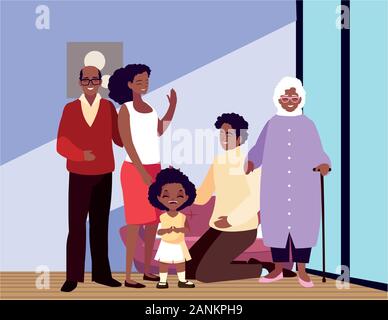 Große Familie zusammen im Wohnzimmer, drei Generationen Vector Illustration Design Stock Vektor