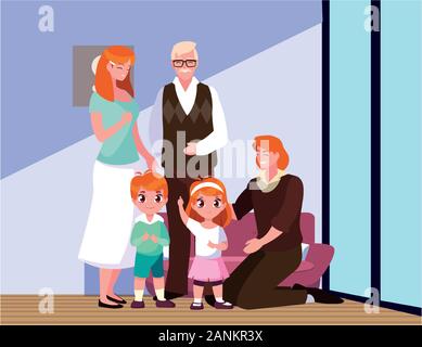 Große Familie zusammen im Wohnzimmer, drei Generationen Vector Illustration Design Stock Vektor