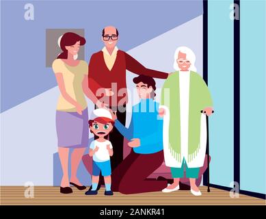 Große Familie zusammen im Wohnzimmer, drei Generationen Vector Illustration Design Stock Vektor