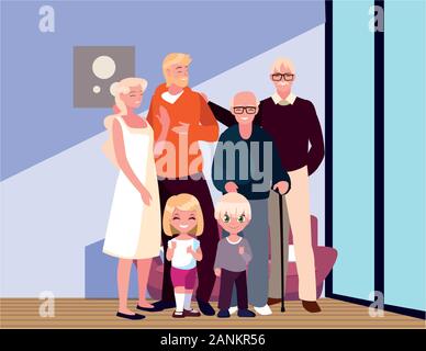 Große Familie zusammen im Wohnzimmer, drei Generationen Vector Illustration Design Stock Vektor