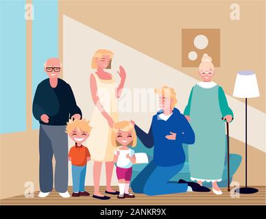 Große Familie zusammen im Wohnzimmer, drei Generationen Vector Illustration Design Stock Vektor
