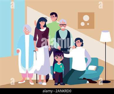 Große Familie zusammen im Wohnzimmer, drei Generationen Vector Illustration Design Stock Vektor