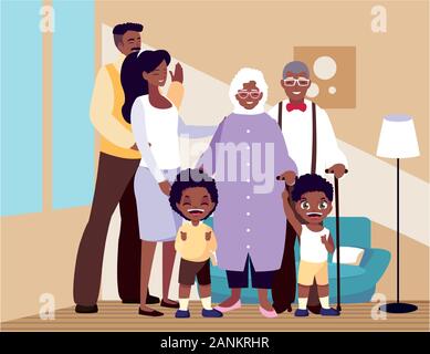 Große Familie zusammen im Wohnzimmer, drei Generationen Vector Illustration Design Stock Vektor