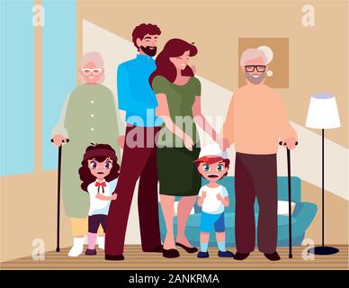 Große Familie zusammen im Wohnzimmer, drei Generationen Vector Illustration Design Stock Vektor