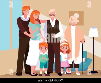 Große Familie zusammen im Wohnzimmer, drei Generationen Vector Illustration Design Stock Vektor