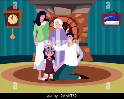 Große Familie zusammen im Wohnzimmer, drei Generationen Vector Illustration Design Stock Vektor