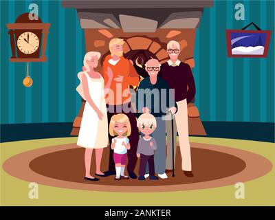 Große Familie zusammen im Wohnzimmer, drei Generationen Vector Illustration Design Stock Vektor