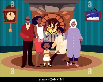 Große Familie zusammen im Wohnzimmer, drei Generationen Vector Illustration Design Stock Vektor