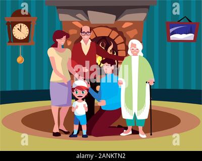 Große Familie zusammen im Wohnzimmer, drei Generationen Vector Illustration Design Stock Vektor