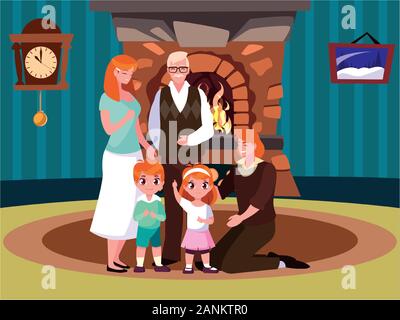Große Familie zusammen im Wohnzimmer, drei Generationen Vector Illustration Design Stock Vektor