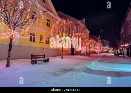 Uzhhorod, Ukraine - 06 Jan, 2019: Weihnachten Nacht Landschaft von uzhgorod. bunt leuchtende dekorative Beleuchtung auf voloshyna Straße. festliche Stimmung. hap Stockfoto