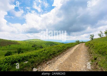 Mountain dirt road Landschaft. Pfad durch die grünen Wiesen auf sanften Hügeln. ridge in der Ferne. grüne Landschaft der Karpaten. bewölkt Sommer Wetter Stockfoto