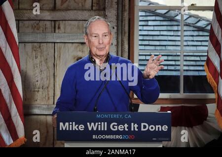 Monterey, USA. 17 Jan, 2020. Monterey, Kalifornien, USA, 17. Januar 2020 2020 Präsidentschaftskandidat Mike Bloomberg spricht auf ein Klima Woche Veranstaltung in Monterey, Kalifornien. Er ist Unterstützung für seinen Versuch, die demokratischen Kandidaten werden mit der Republikanische Kandidat im November zu konkurrieren -, dass Präsident Donald Trump oder sonst jemand nach seiner Amtsenthebung zu suchen. Credit: Motofoto/Alamy leben Nachrichten Stockfoto