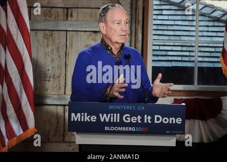 Monterey, USA. 17 Jan, 2020. Monterey, Kalifornien, USA, 17. Januar 2020 2020 Präsidentschaftskandidat Mike Bloomberg spricht auf ein Klima Woche Veranstaltung in Monterey, Kalifornien. Er ist Unterstützung für seinen Versuch, die demokratischen Kandidaten werden mit der Republikanische Kandidat im November zu konkurrieren -, dass Präsident Donald Trump oder sonst jemand nach seiner Amtsenthebung zu suchen. Credit: Motofoto/Alamy leben Nachrichten Stockfoto