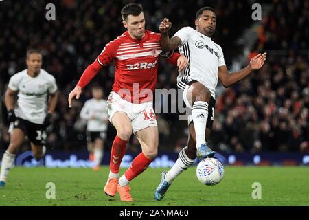 London, Großbritannien. 17 Jan, 2020. Jonny Howson von Middlesbrough (L), die in Aktion mit Ivan Cavaleiro von Fulham (R). EFL Skybet championship Match, Fulham v Middlesbrough im Craven Cottage in London am Freitag, 17. Januar 2020. Dieses Bild dürfen nur für redaktionelle Zwecke verwendet werden. Nur die redaktionelle Nutzung, eine Lizenz für die gewerbliche Nutzung erforderlich. Keine Verwendung in Wetten, Spiele oder einer einzelnen Verein/Liga/player Publikationen. pic von Steffan Bowen/Andrew Orchard sport Fotografie/Alamy Live news Credit: Andrew Orchard sport Fotografie/Alamy leben Nachrichten Stockfoto